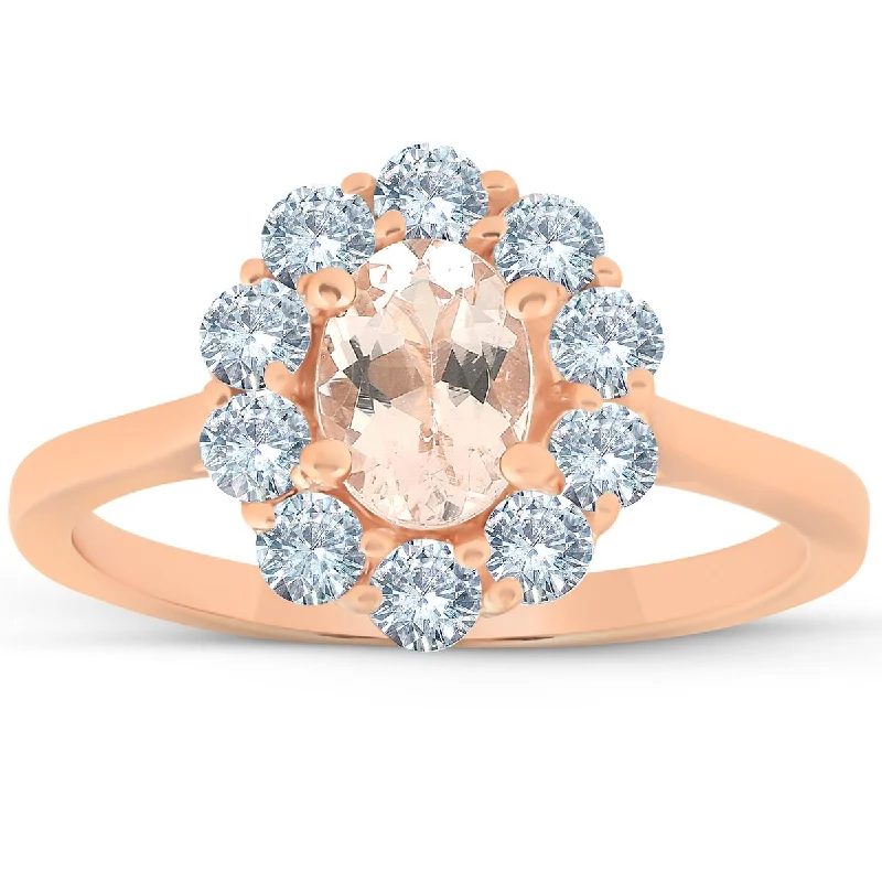 1 1/4 Ct Oval Morganite & Diamond Halo Ring 14k Rose Gold