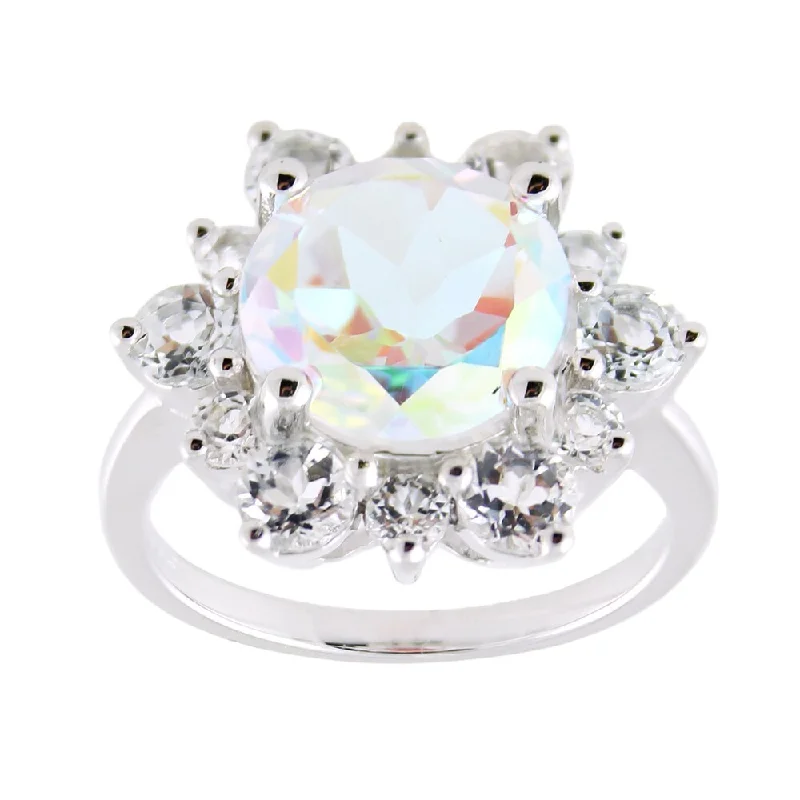 Women’s wedding set rings-Sterling Silver Opalescent and White Topaz Flower Ring