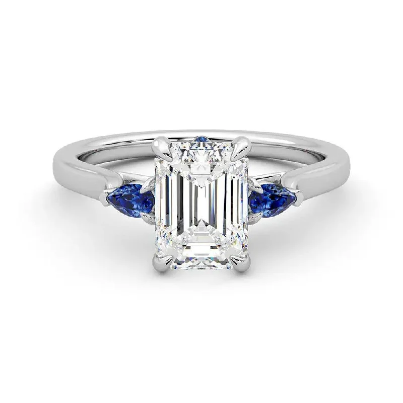 Women’s matching wedding and engagement rings-Three Stone Emerald Cut Moissanite Engagement Ring with Hidden Anniversary Stone Accent