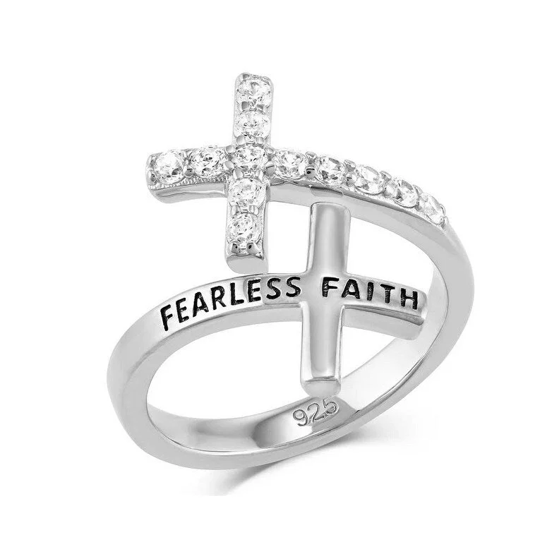 Women’s engagement rings-Montana Silversmiths Ring Womens Fearless Faith Crystal Cross FFRG5538 - Silver