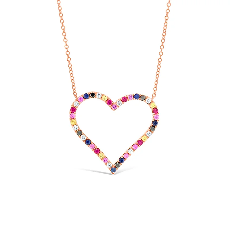 Women’s halo necklaces-Diamond & Rainbow Gemstone Heart Pendant Necklace