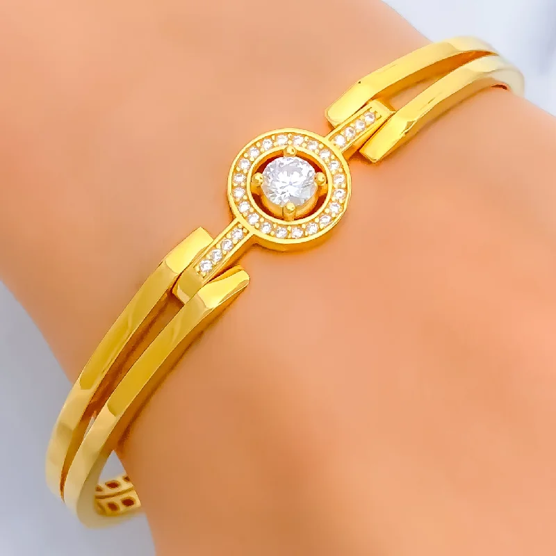 Women’s bracelet and ring sets-Upscale Open Halo 22k Gold CZ Bangle Bracelet