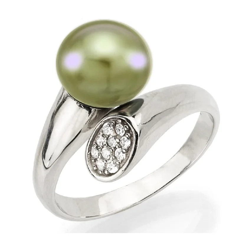 Women’s marquise rings-DaVonna Sterling Silver Adjustable Ring 8-9mm Apple Green Pearl with .10tcw Cubic Zirconia - Apple Green