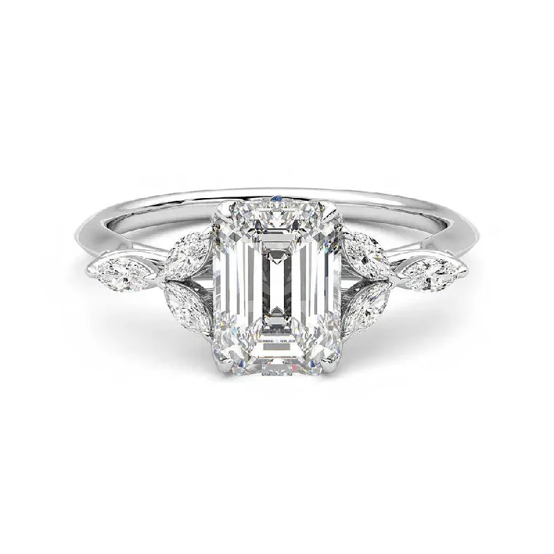 Women’s engagement rings with emerald-Emerald Cut Moissanite Engagement Ring with Marquise Petals and Hidden Anniversary Stone Accent