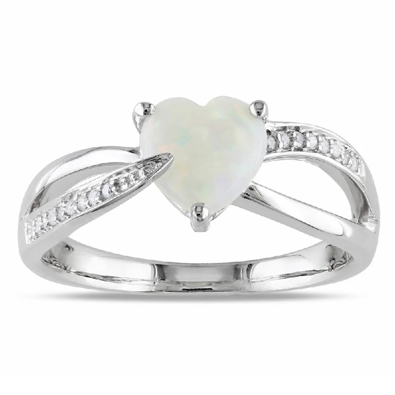 Women’s blue sapphire rings-Miadora Sterling Silver Opal and Diamond Heart Ring (H-I, I2-I3)