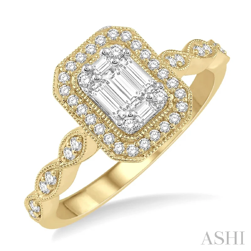 Women’s yellow gold engagement rings-ASHI - YELLOW GOLD BAGUETTE CLUSTER WITH HALO ENGAGEMENT RING