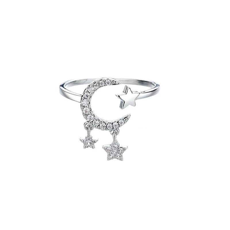 Star Moon Tassel Ring (White Gold Color)