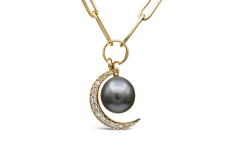 Women’s vintage necklaces-Paperclip Necklace with Pearl and Diamond Moon