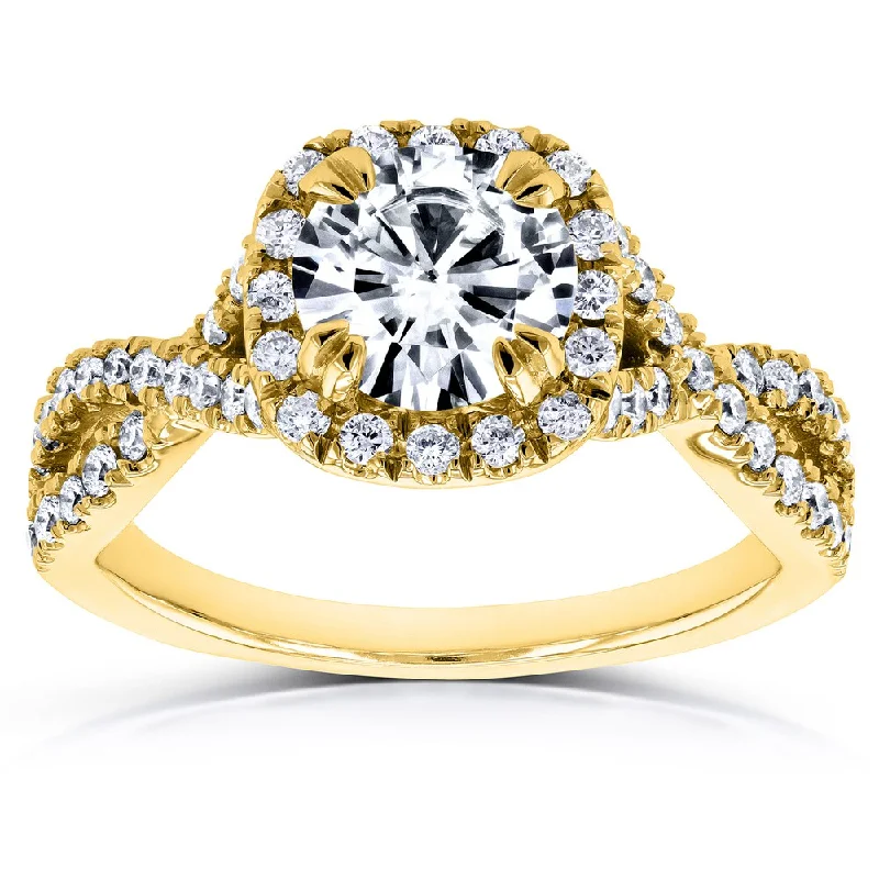 Women’s band rings-Annello by Kobelli 14k Yellow Gold 1ct DEF Moissanite and 1/2ct TDW Diamond Crossover Ring (GH, I1-I2)