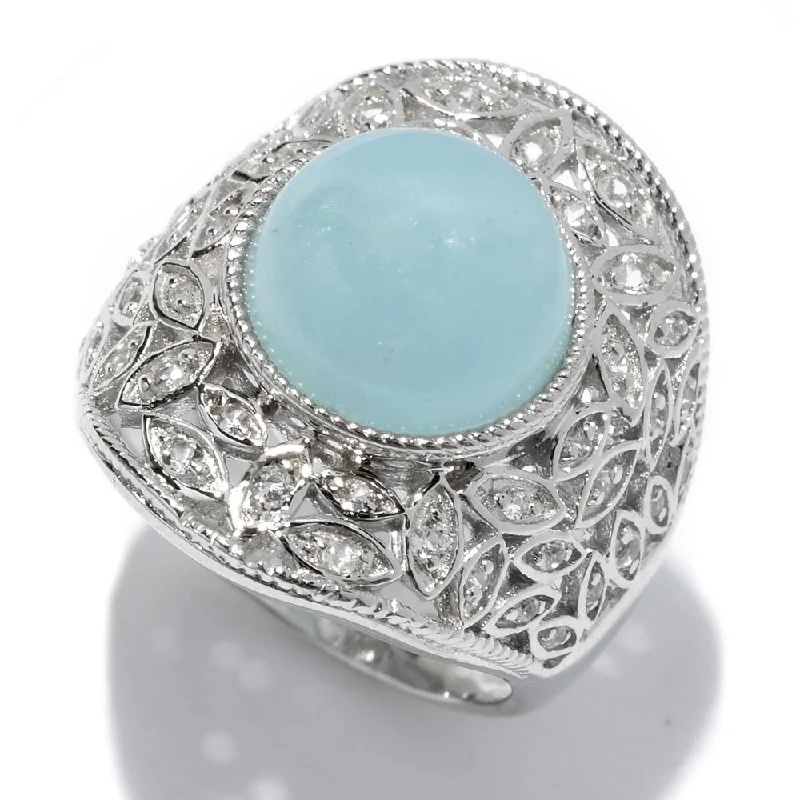 Women’s band rings-Sterling Silver 11mm Round Milky Aquamarine and White Topaz Ring