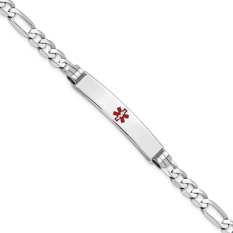 Women’s luxury cuff bracelets-14k White Gold 7.5mm Medical Red Enamel Figaro Link ID Bracelet, 8"