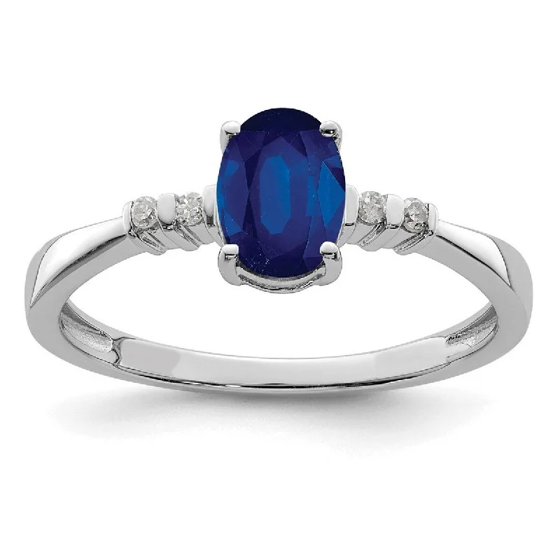 Curata 925 Sterling Silver Polished Open back Rhodium Plated Diamond and Sapphire Oval Ring