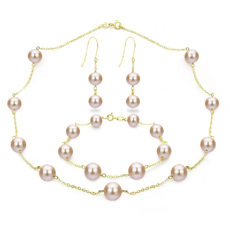 Women’s holiday bracelets-DaVonna 18k Gold over Silver Pink Freshwater Pearl Necklace Bracelet and Hoop Dangle Earring Set