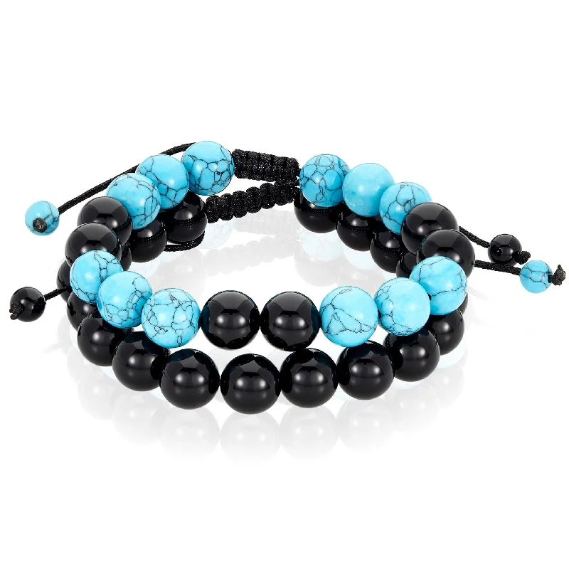 Women’s bracelet and ring sets-Men's Turquoise and Onyx Stone Adjustable Bracelet Set