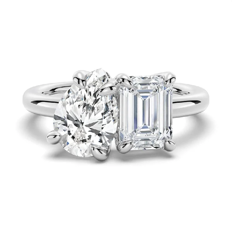 Women’s cushion cut diamond engagement rings-Toi et Moi Emerald Cut & Pear Cut Engagement Ring