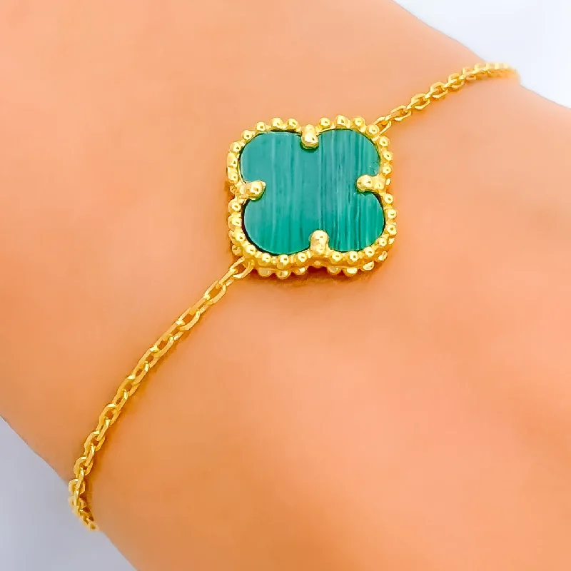 Women’s statement bracelets-Elegant Malachite 21k Gold Clover Bracelet