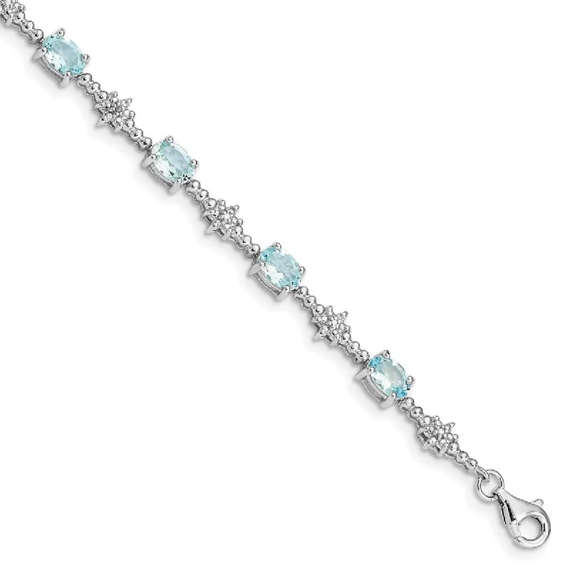 Women’s trendy bracelets-Curata 925 Sterling Silver Polished Fancy Lobster Closure Aquamarine and Diamond Bracelet