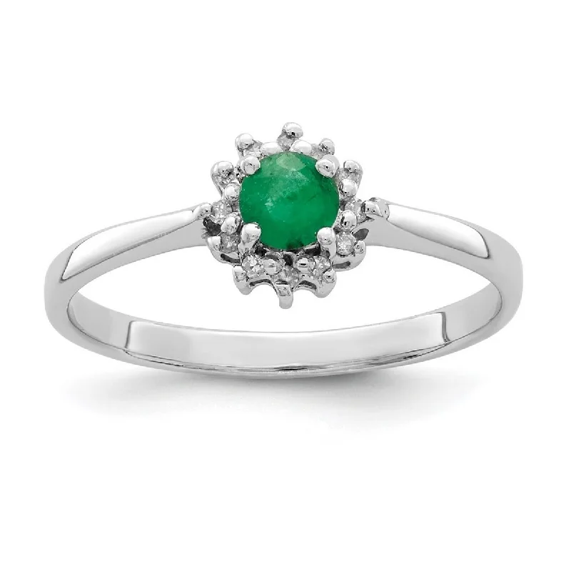 Curata 925 Sterling Silver Polished Open back Rhodium Round Emerald and Diamond Love Heart Ring