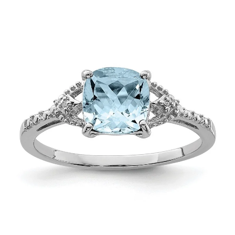 Curata 925 Sterling Silver Polished Open back Rhodium Plated Diamond and Aquamarine Ring