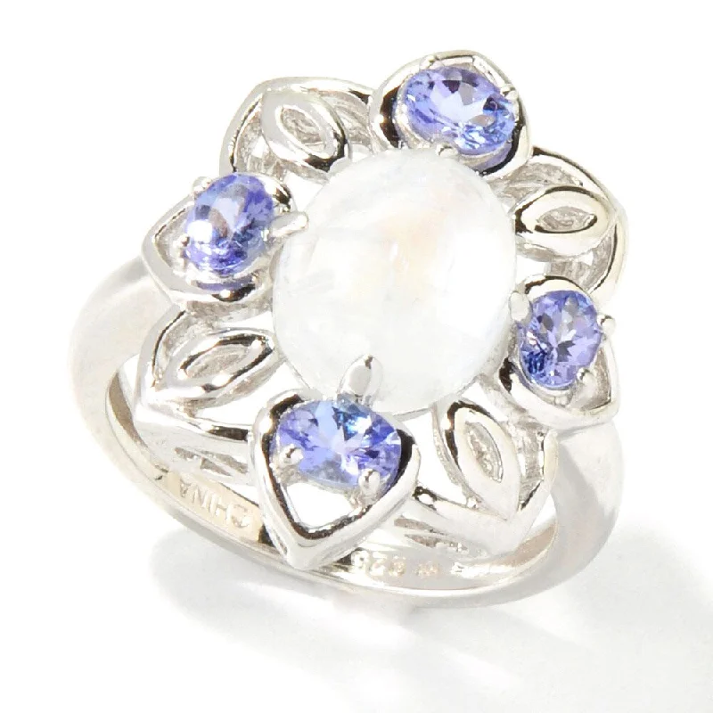 Women’s sterling silver rings-Sterling Silver Rainbow Moonstone Cabochon and Tanzanite Ring