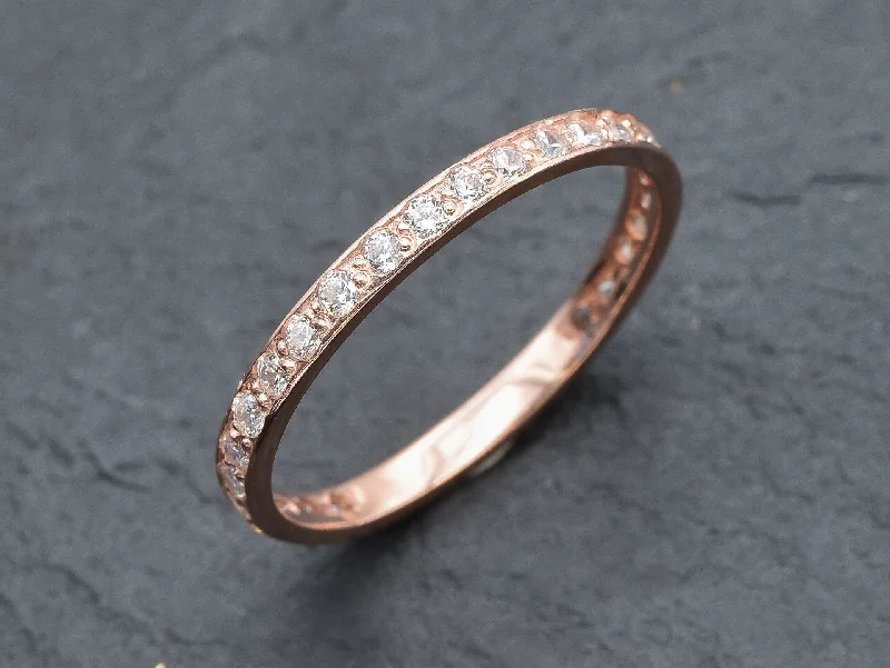 Women’s vintage diamond engagement rings-Rose Gold Diamond Ring - Sparkly Stackable Ring - Pink Eternity Band