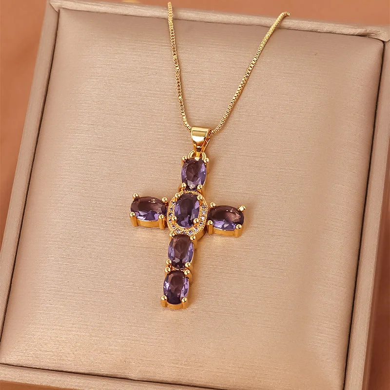 Women’s chic necklaces-Casual Streetwear Cross Copper Inlay Zircon Pendant Necklace