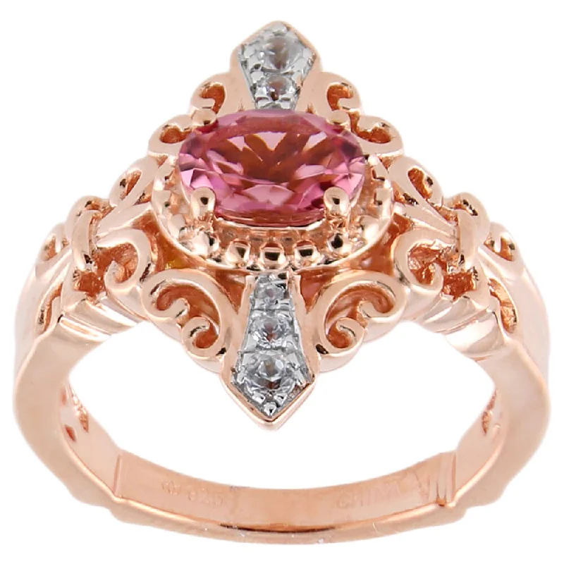 Women’s platinum anniversary rings-Pink Tourmaline White Zircon Fleur-de-lis Scrollwork Ring