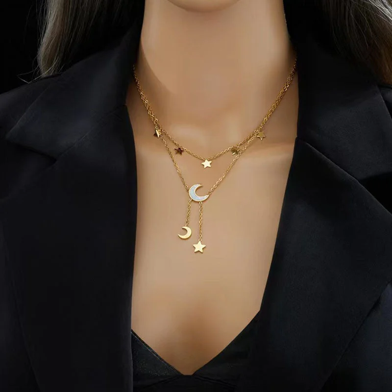 Women’s minimalist necklaces-Wholesale Romantic Simple Style Star Moon Stainless Steel Plating Gold Plated Layered Necklaces