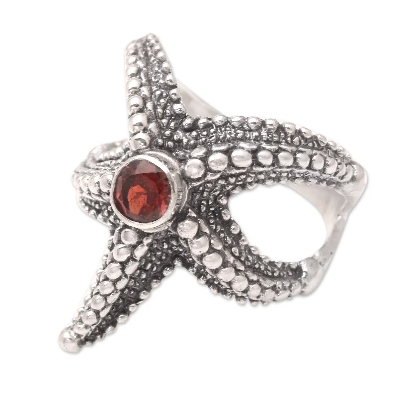 Women’s birthstone rings-Novica Handmade Red Starfish Garnet Cocktail Ring