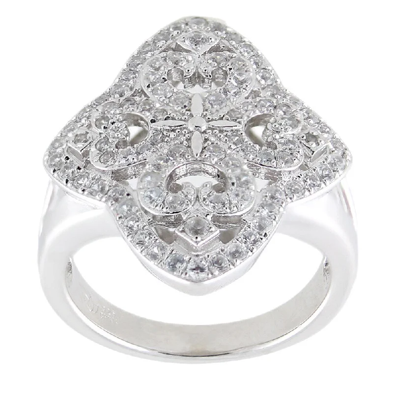 Women’s cubic zirconia rings-Sterling Silver Round White Zircon-encrusted Openwork Ring