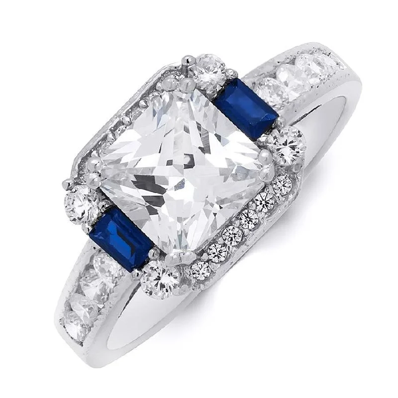 Women’s promise rings-Sterling Silver Princess Cut Bridal Ring Blue Sapphire Cubic Zirconia