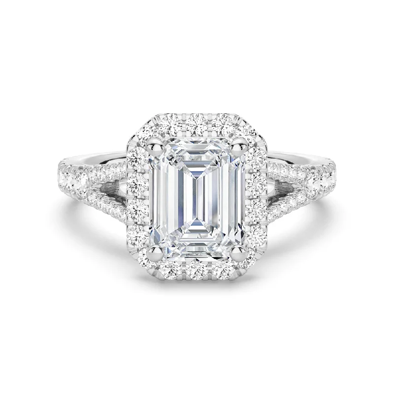 Women’s engagement rings with round diamonds-NEW Emerald Cut Split-Shank Moissanite Halo Engagement Ring