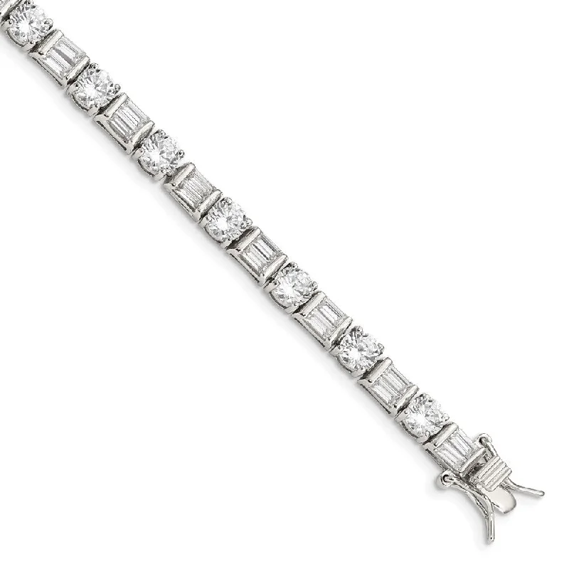 Women’s stretch bangles-925 Sterling Silver Baguette and Round Cubic Zirconia Bracelet, 7.25"