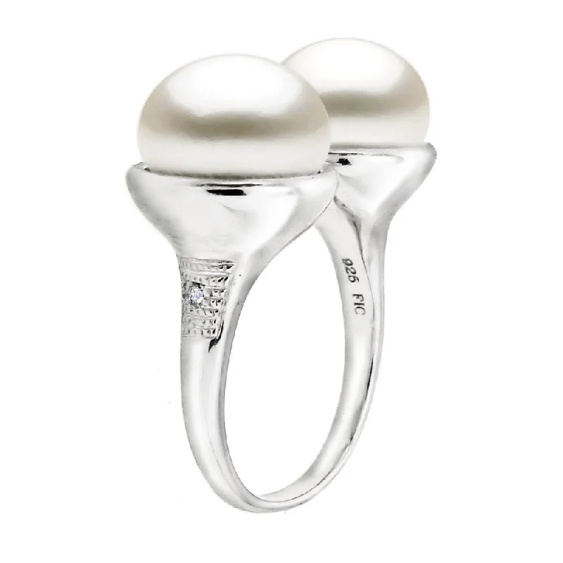 Women’s matching wedding rings-DaVonna Sterling Silver 10-11mm Freshwater Pearl and .02tcw Diamond Ring - White