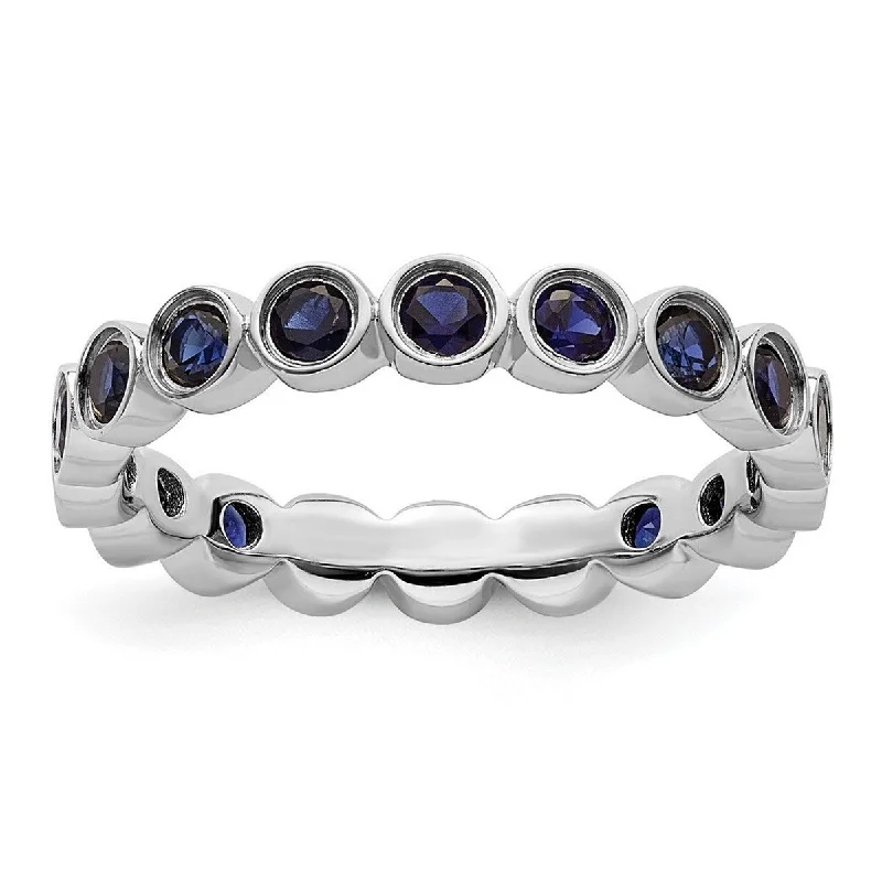 Curata 925 Sterling Silver Bezel Polished Patterned Stackable Expressions Created Sapphire Ring