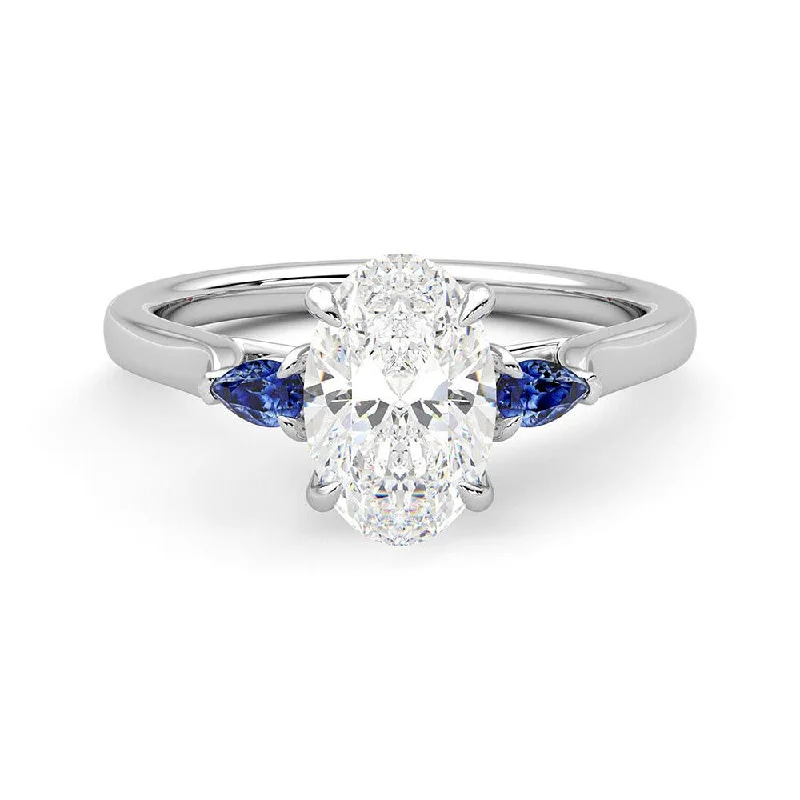 Women’s custom engagement rings with diamonds-Three Stone Oval Cut Moissanite and Sapphire Engagement Ring with Hidden Anniversary Stone Accent