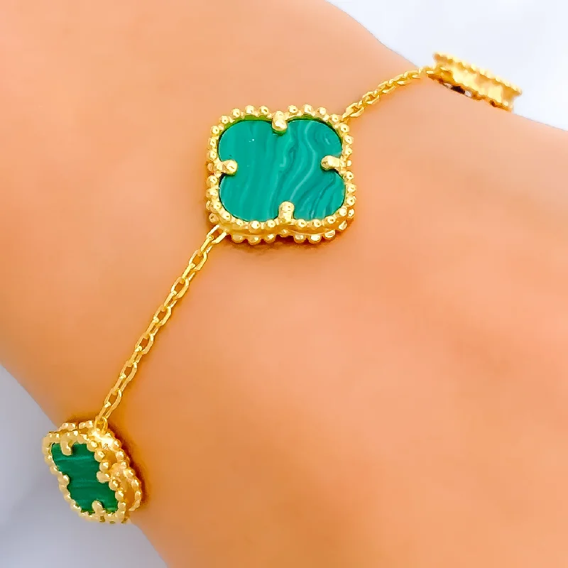 Women’s handmade bracelets-Gorgeous Malachite 21k Gold Three Clover Bracelet