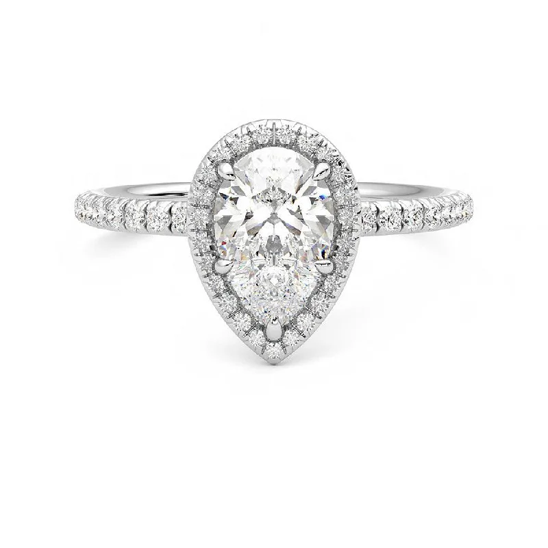 Women’s simple engagement rings-Classic Halo Pear Cut Moissanite Engagement Ring with Hidden Anniversary Stone Accent