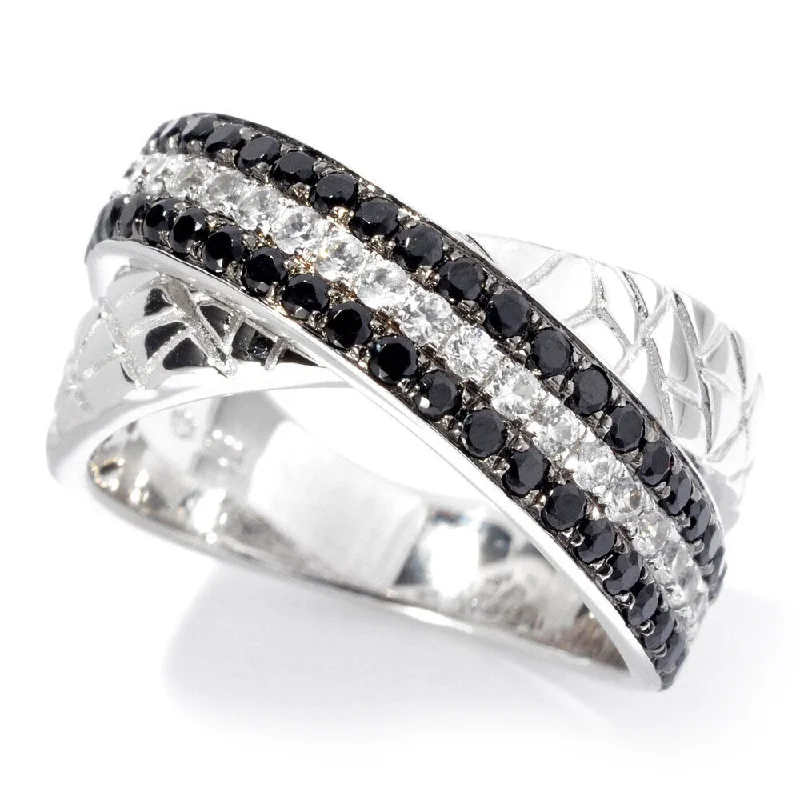 Women’s diamond cluster rings-Platinum over Sterling Silver Black Spinel and White Zircon Animal Print Textured Band Ring