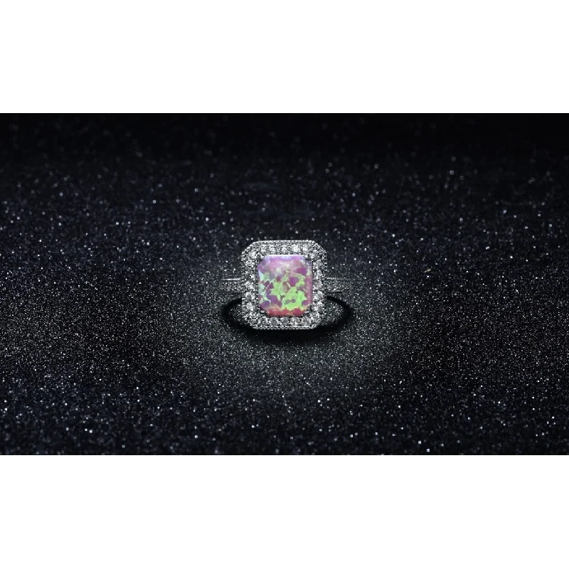 Women’s boho rings-Pink Fire Opal Halo Ring 18K White Gold Plated Size 6 7 8 9 White Opal Cz