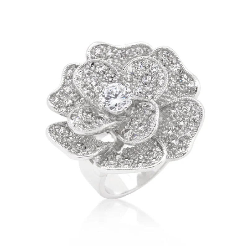 Women’s engraved rings-Large Flower Cubic Zirconia Cocktail Ring