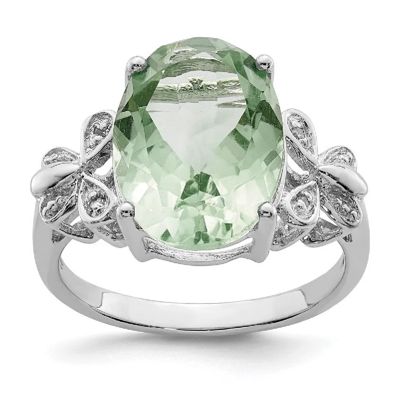 Curata 925 Sterling Silver Polished Rhodium Green Amethyst and Diamond Ring