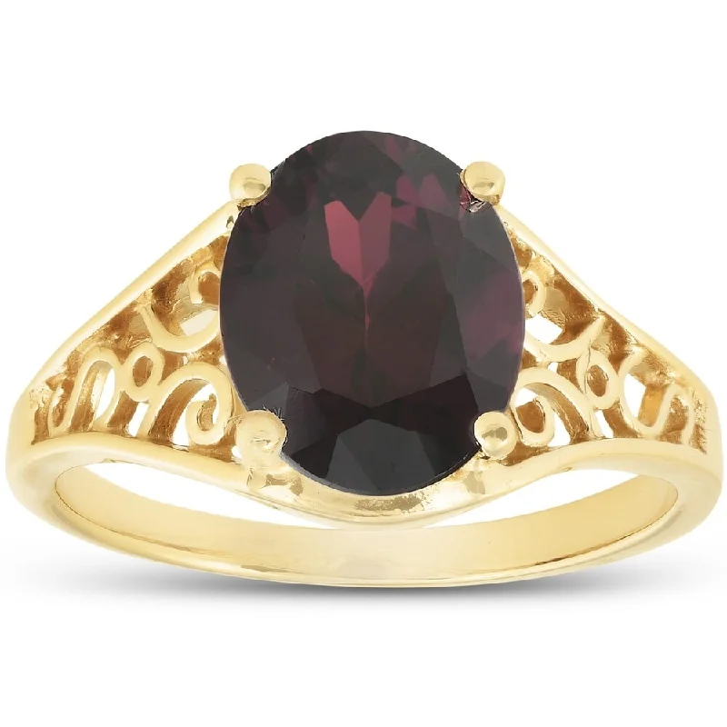 14k Yellow Gold Oval Garnet Solitaire Ring Vintage Antique Scroll Accent Wide Band