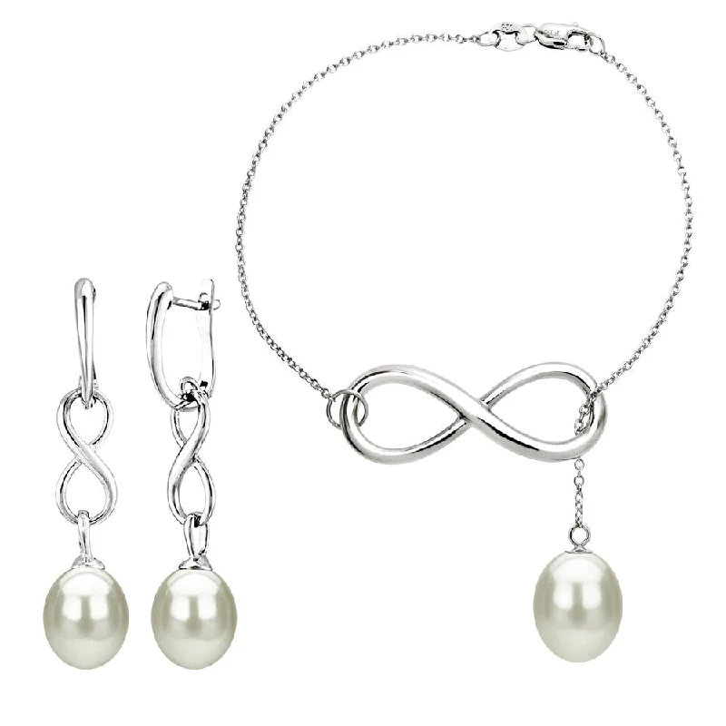 Women’s casual bracelets-DaVonna Sterling Silver 8-9mm White Freshwater Pearl Infinity Bracelet and Earrings