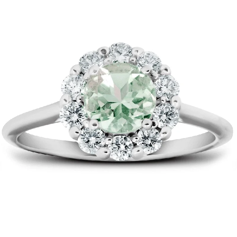 1/2 Ct TDW Halo Diamond Genuine Green Amethyst Ring 14k White Gold