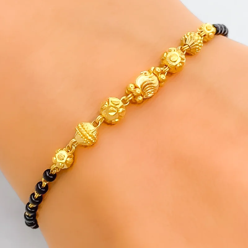 Women’s silver bracelets-Versatile Wavy orb 22k Gold Black Bead Bracelet