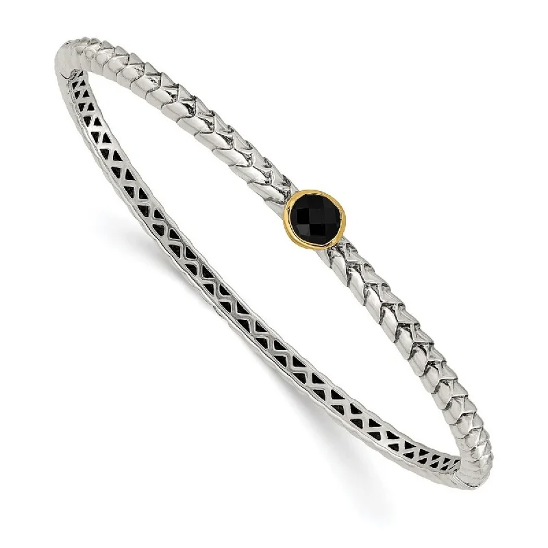 Women’s gemstone bracelets-Curata 925 Sterling Silver Hinged Polished With 14k 6mm Simulated Onyx Cuff Stackable Bangle Bracelet