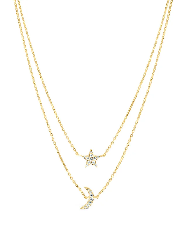 Women’s opal necklaces-Layered CZ Crescent & Star Necklace