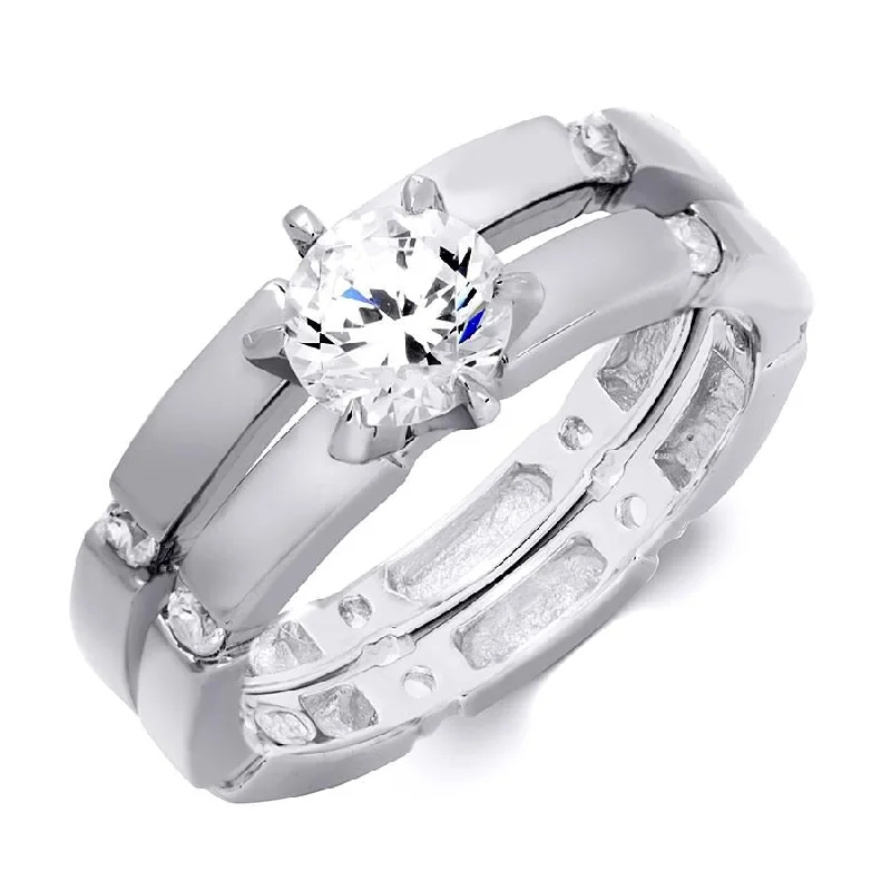 Women’s gemstone rings-Sterling Silver 0.50 CT Cubic Zirconia Bridal Set Round Cut Band Ring