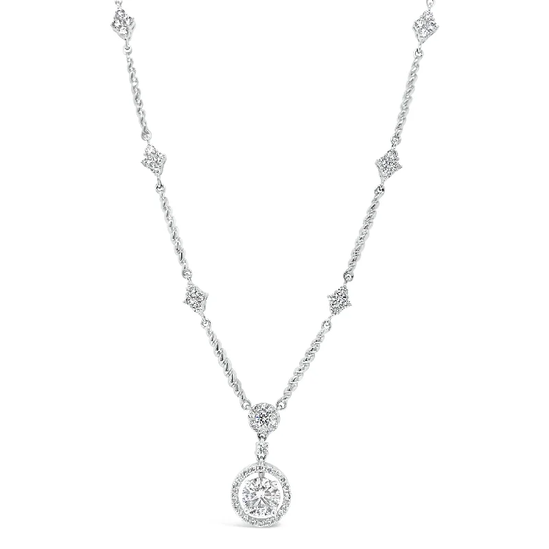 Women’s pendant necklaces-Diamond Halo Pendant Necklace with Diamond Stations